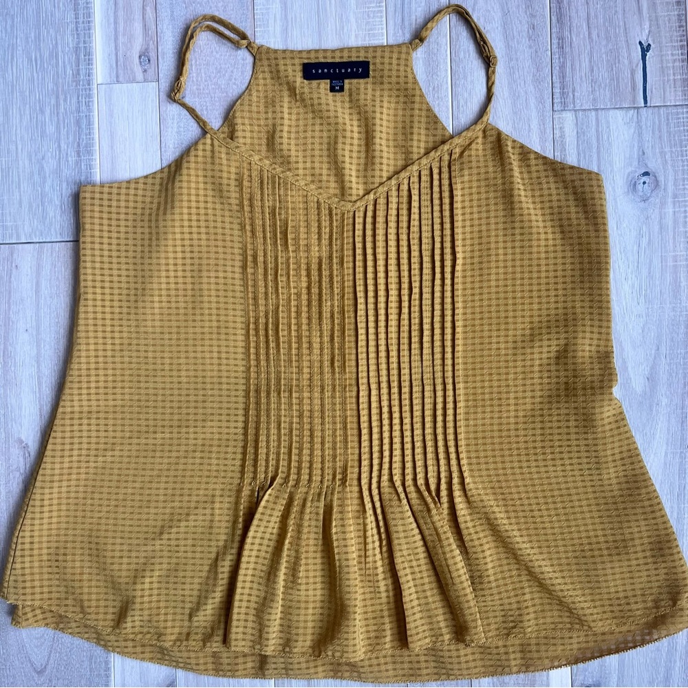 SANCTUARY mustard yellow pleated front, light ruffle trim sleeveless V neck top - Picture 1 of 10